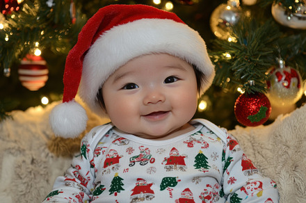 Baby in Santa hat smiles joyfully in, a Photo by Tanuart