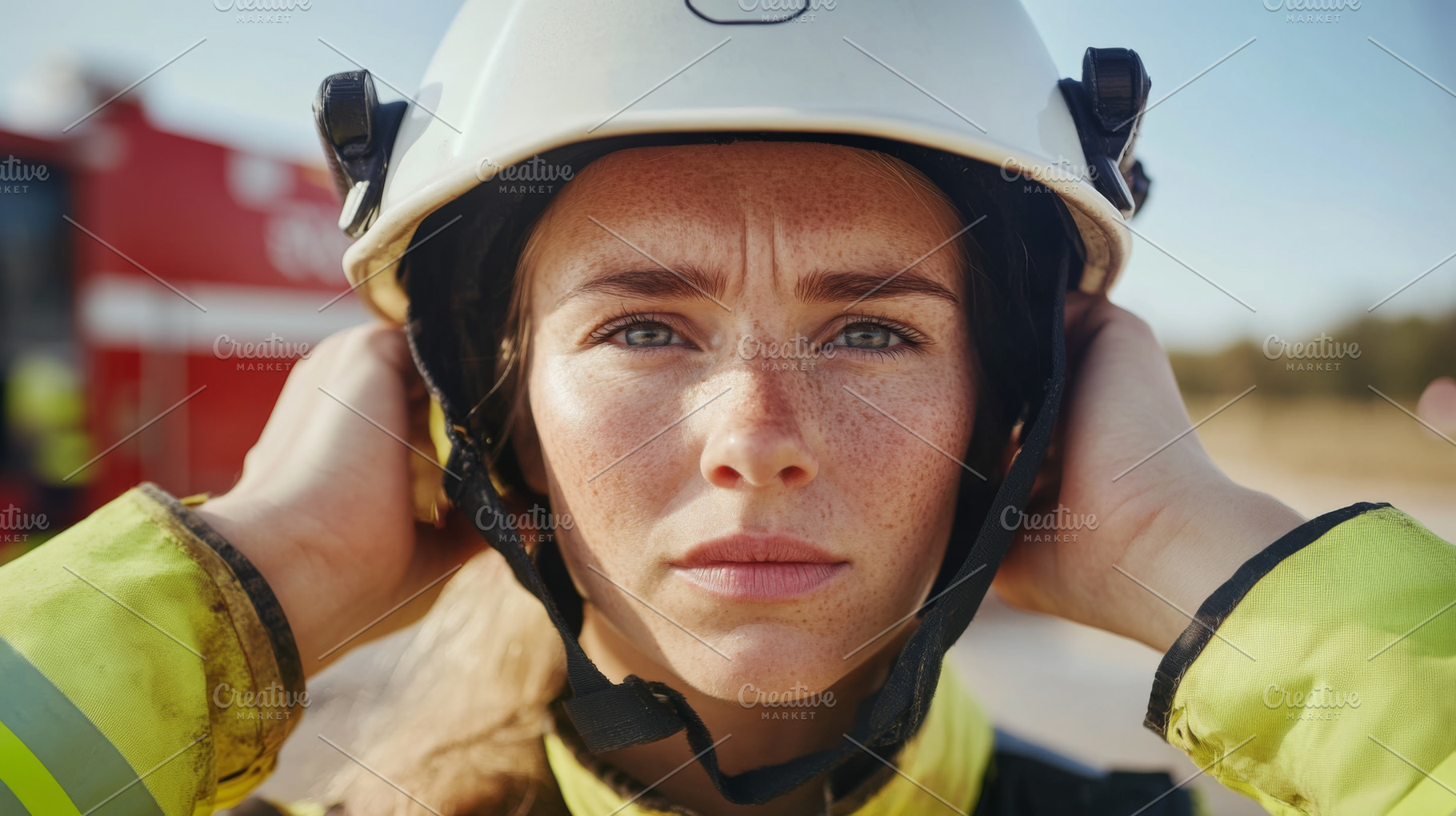Firefighter woman adjusting helmet, intense focus on safety, a Photo by Dvoevnore photos