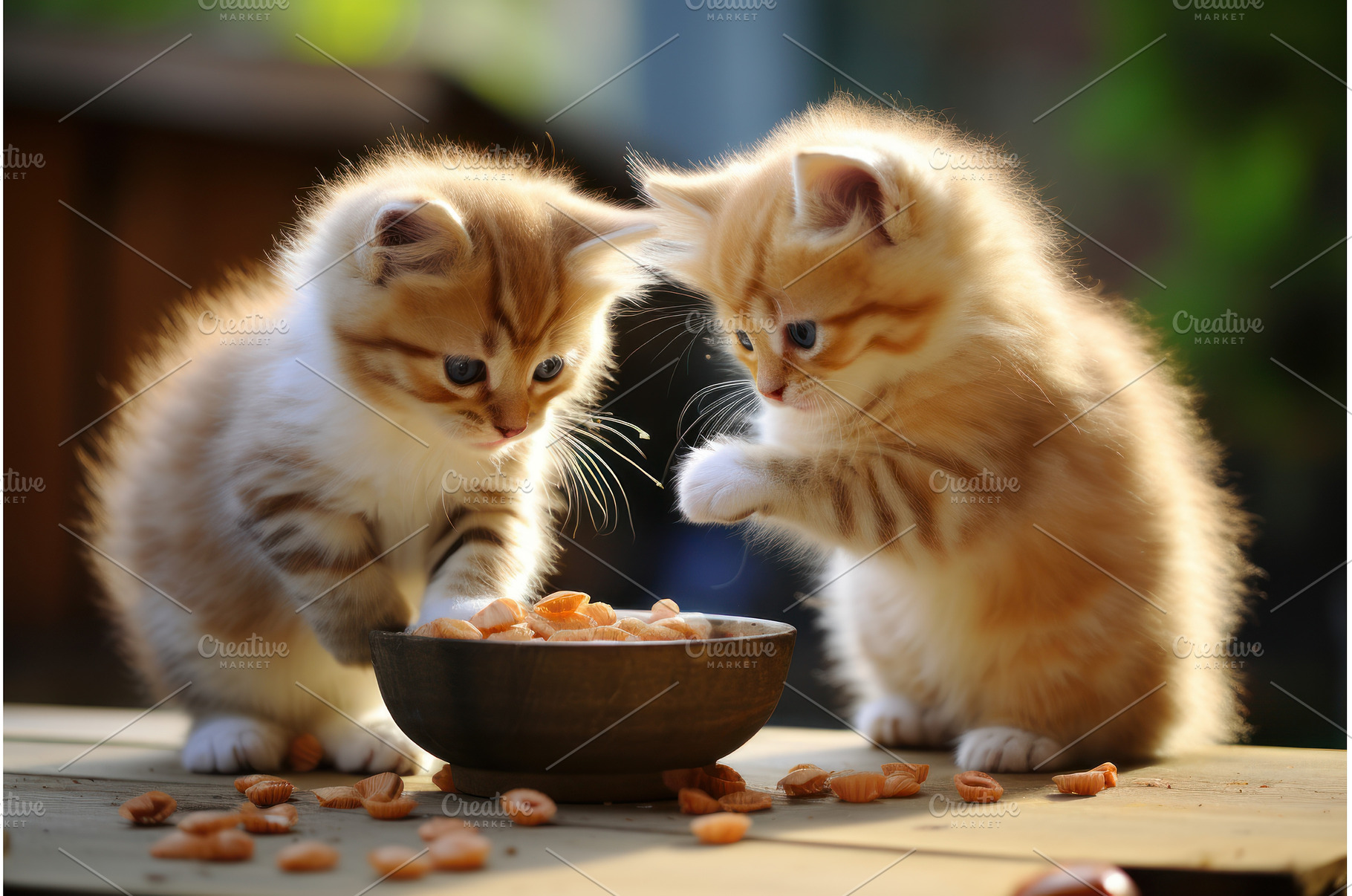 Curious Kittens eat feeder. Generate, an Animal Photo by Ylivdesign