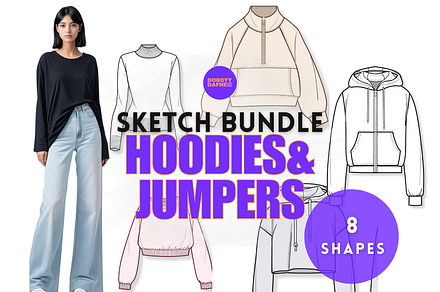 Hoodie Fashion Flats Sketch BUNDLE, a Hoody Mockup by Doroty Dafne Designs