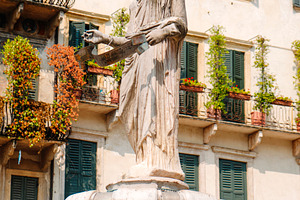 the Madonna Verona fountain in Piazza delle Erbe, a Photo by Nito