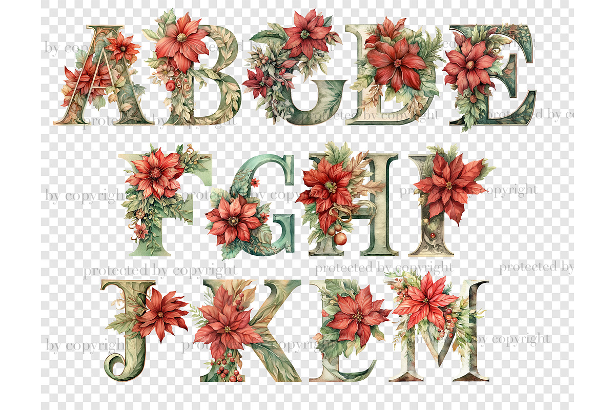 Poinsettia Alphabet | Christmas, a Seasonal Illustration by GlamArtZhanna (Photo 4 of 5)