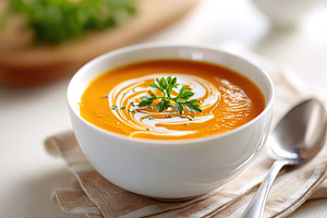 Creamy orange soup garnished with parsley, a Food & Drink Photo by AlyaAnd