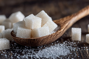 Sugar cubes filling a wooden spoon, indicating sweetness, unheal, a Photo by Studio ANNA