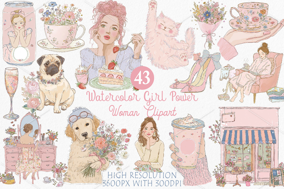 Watercolor Girl Power Woman Clipart, a Seasonal Illustration by Canvas Craft (Photo 1 of 10)