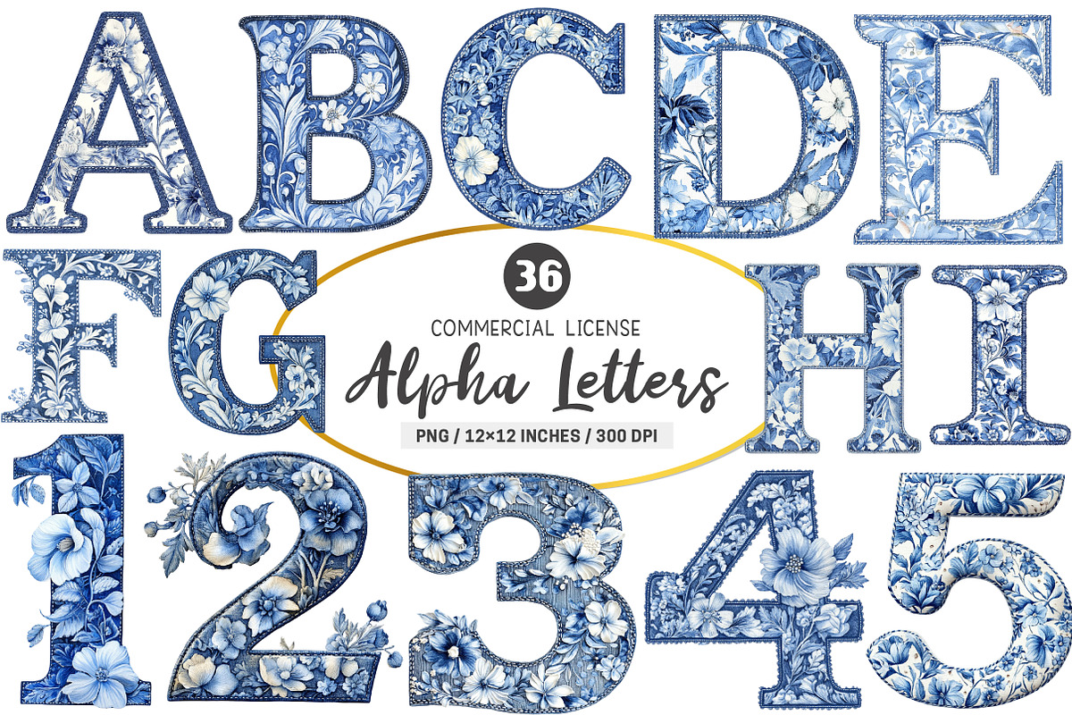 Blue Chinoiserie Alpha Letters PNG, an Illustration by SinaCreation