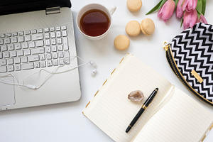 Modern flat lay styled desk mock up containing flat lay, modern, and clean