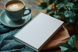 A cozy scene featuring a blank book mockup on a textured cloth, accompanied by, a Books & Magazine Mockup by Textures & Backgrounds