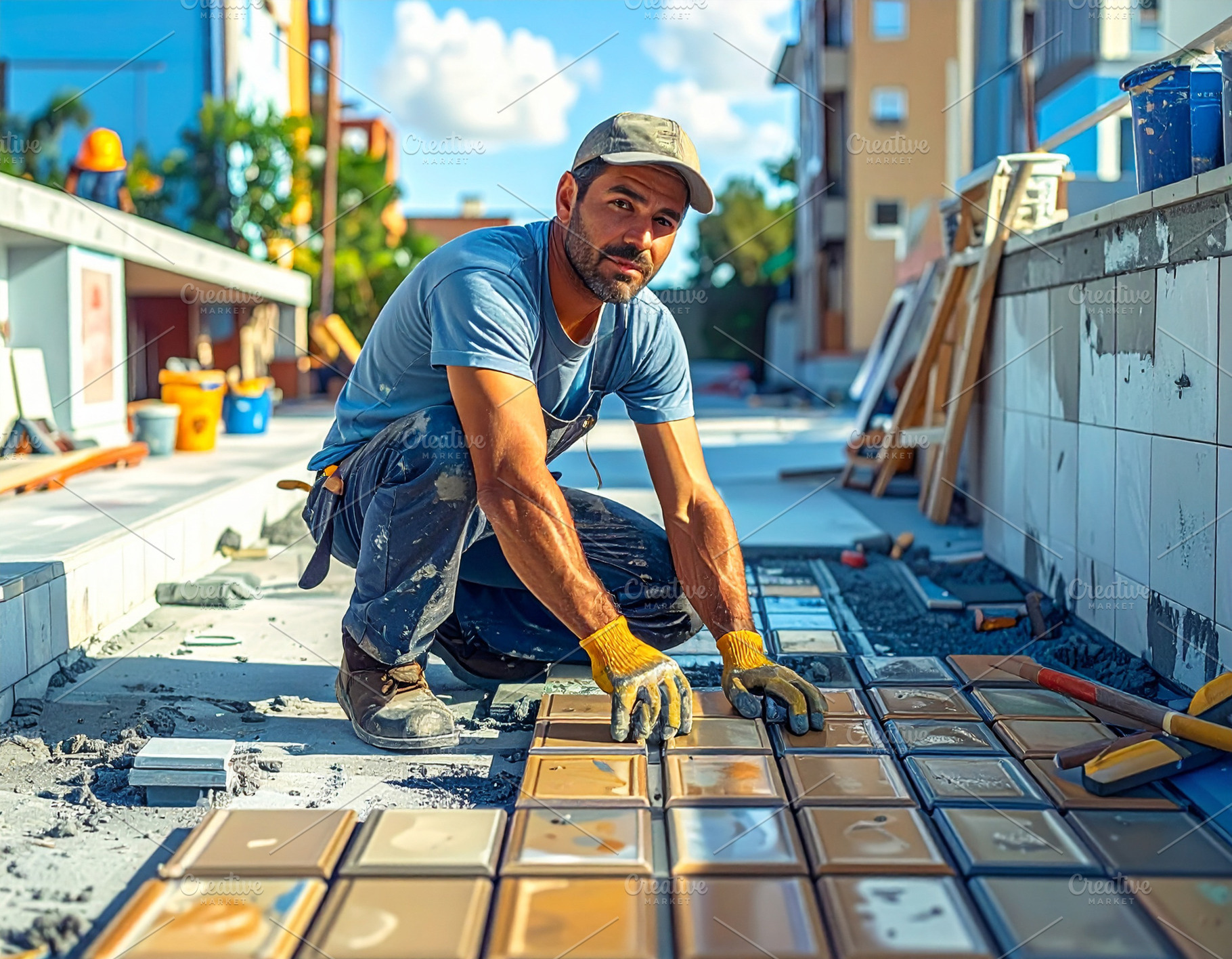 Tile mason starting laying the first tiles with precision and te, a Person Photo by DanFLCreativo