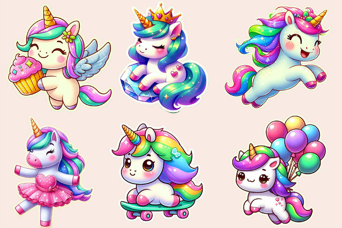 Kawaii Unicorn Stickers Clipart, an Illustration by Designworld (Photo 3 of 7)