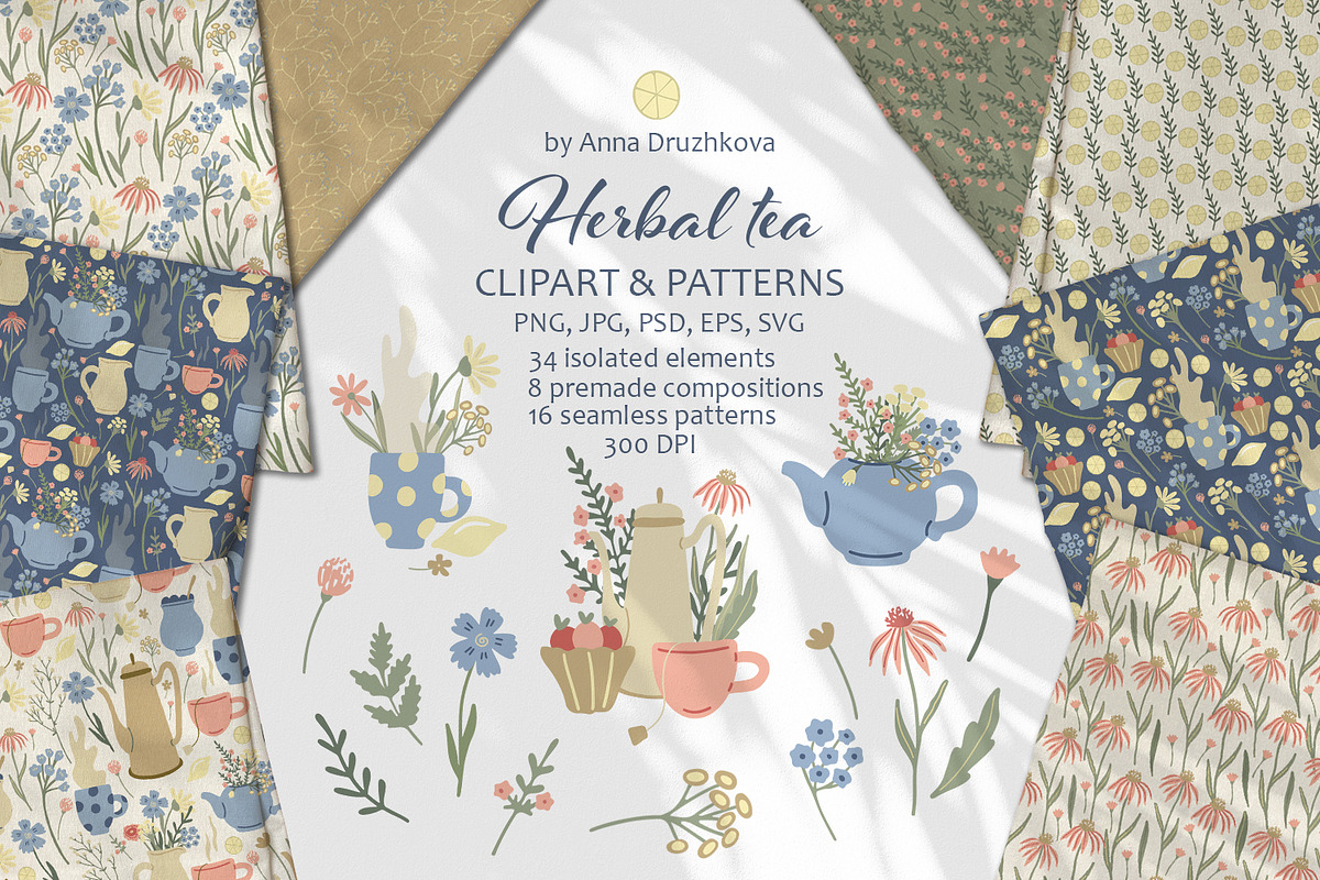 Herbal tea clipart and patterns, a Pattern Graphic by Anna Druzhkova (Photo 1 of 15)