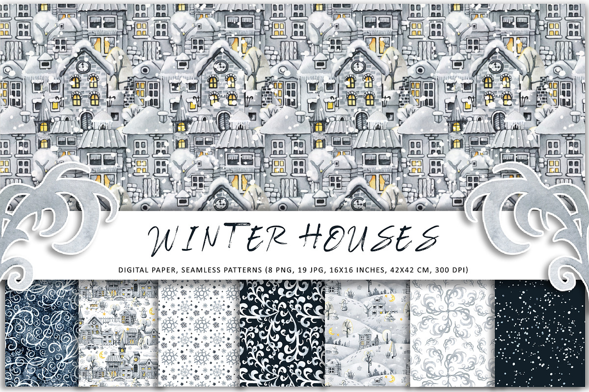 Winter House Christmas Digital Paper, a Pattern Graphic by Artmanata (Photo 1 of 10)
