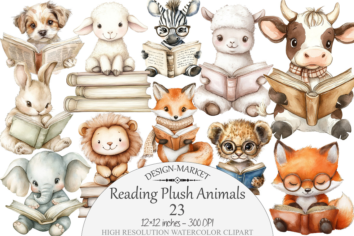 Watercolor Reading Plush Animals Cli, a Seasonal Illustration by Design Market (Photo 1 of 3)