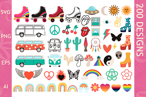 200 Retro Clipart & Cut Files,Hippie