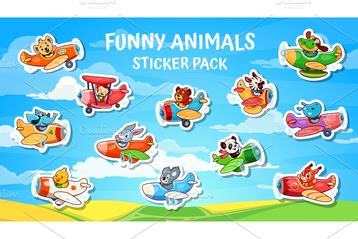 Stickers pack of animal pilots, an Animal Illustration by Vector Tradition