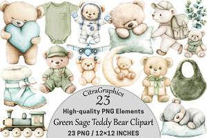 Green Sage Teddy Bear Clipart, a Seasonal Illustration by CitraGraphics
