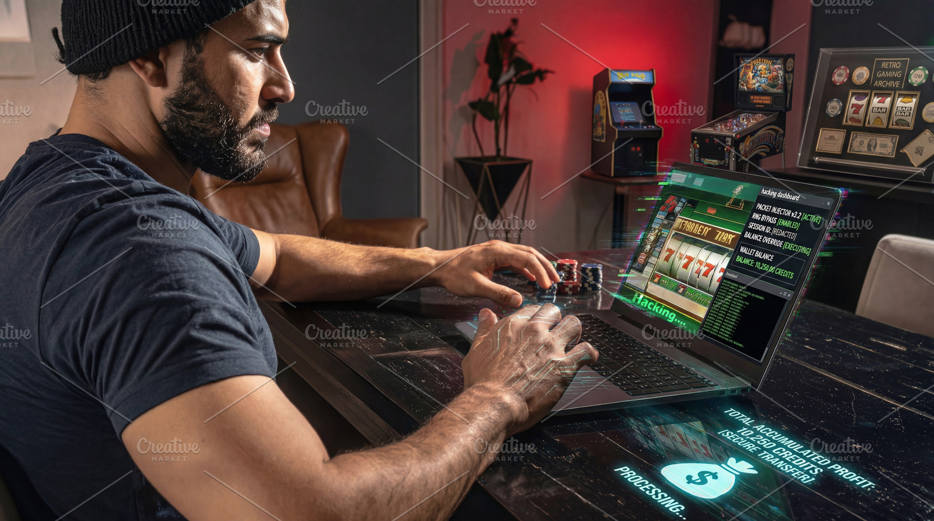 Man hacking casino slot on laptop at home, a Sports & Recreation Photo by Davizro's Market