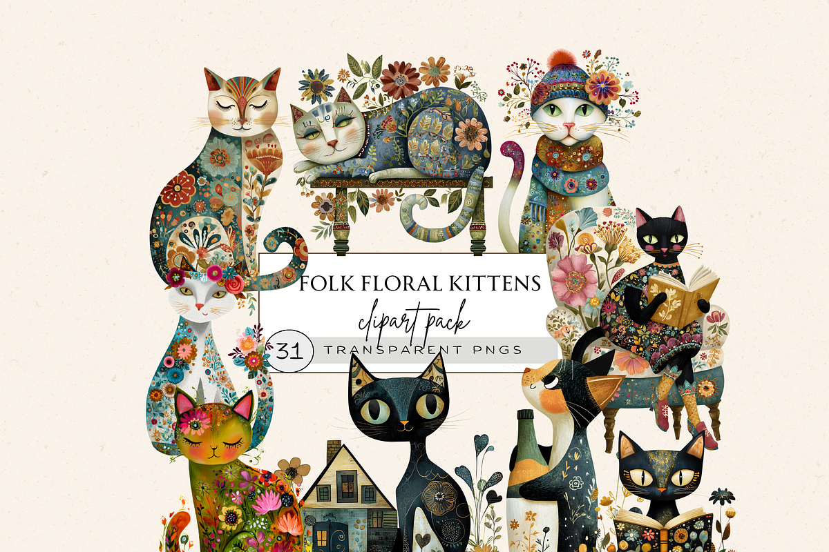 FOLK ART CAT CLIPART PACK, an Animal Illustration by Daring Digies (Photo 1 of 8)
