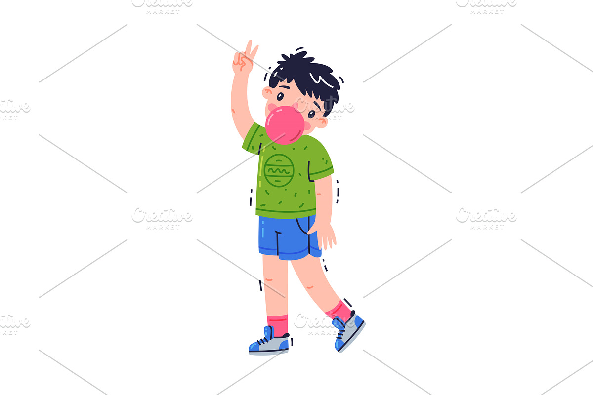 Little Boy Standing Blowing Bubble, a Person Illustration by TopVectors