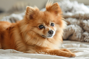 Pomeranian spitz lying on dog bed at home, an Animal Photo by AlyaAnd
