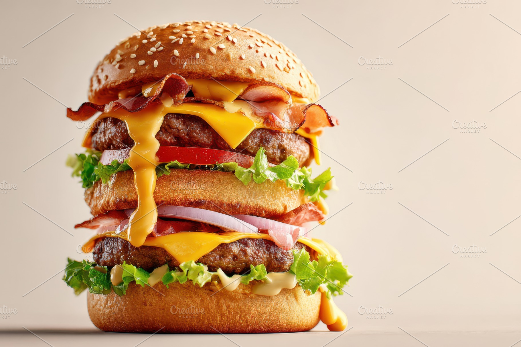 Tall double bacon cheeseburger with dripping cheese, a Food & Drink Photo by AlyaAnd