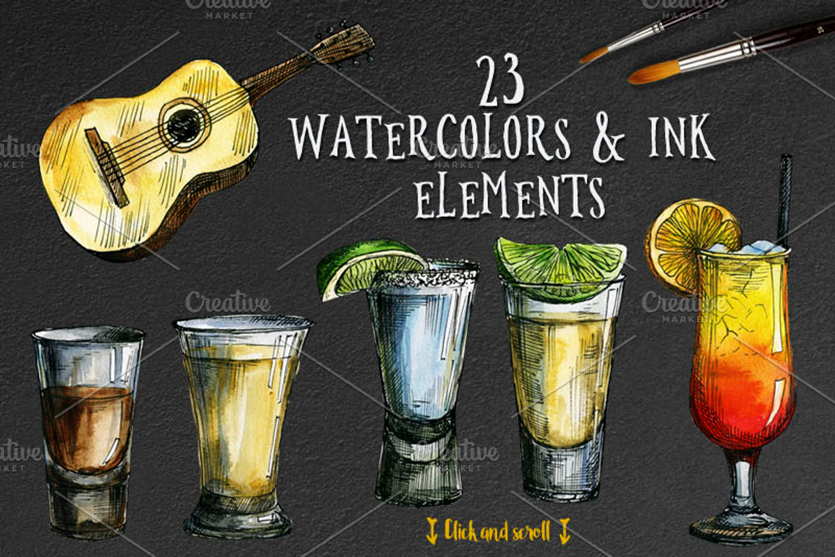 Tequila Boom Watercolor & Ink Set, a Food Illustration by Fluffy Unicorn (Photo 2 of 5)