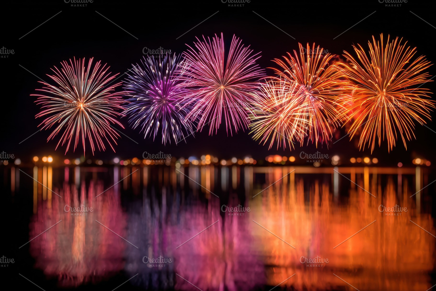 Colorful fireworks over a tranquil lake, a Holiday Photo by AlyaAnd