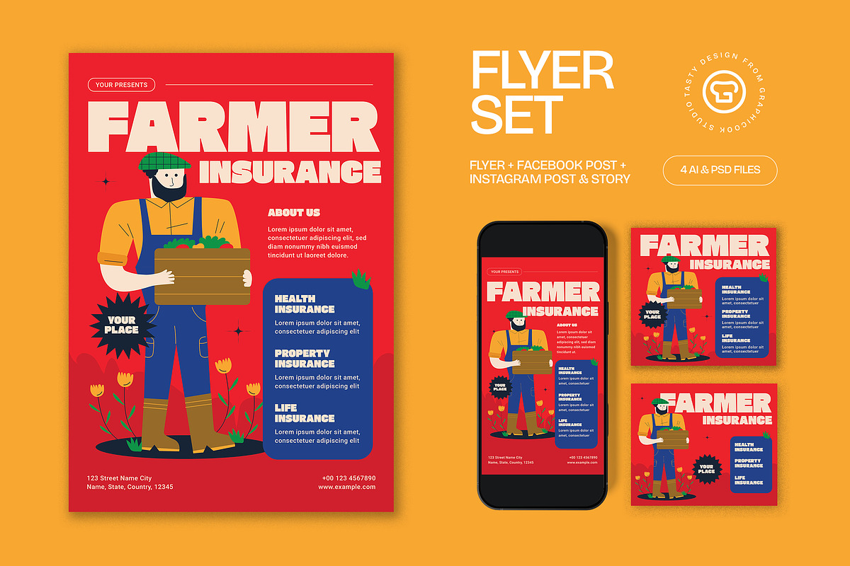 Red Bold Farmer Insurance Flyer Set, a Flyer Template by graphicook (Photo 1 of 6)