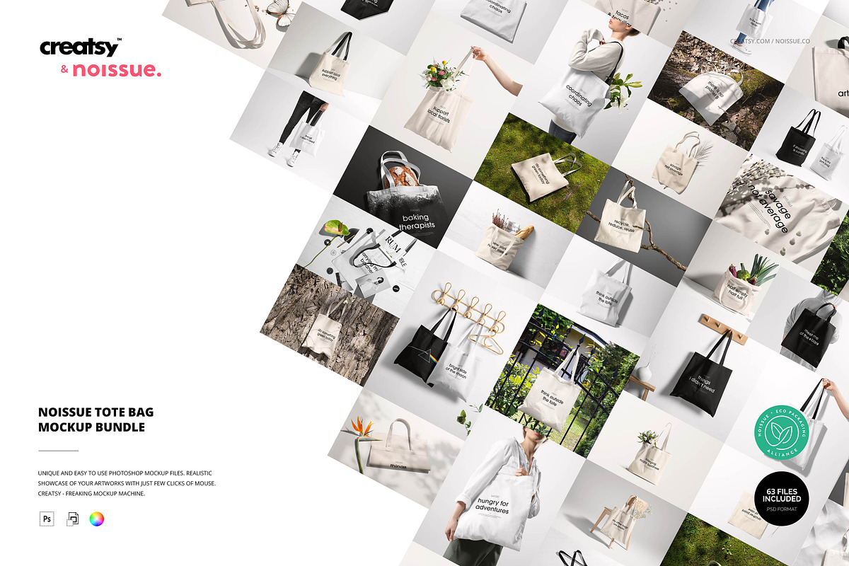 Noissue Tote Bag Mockup Bundle, a Packaging Mockup by creatsy5 (Photo 1 of 67)
