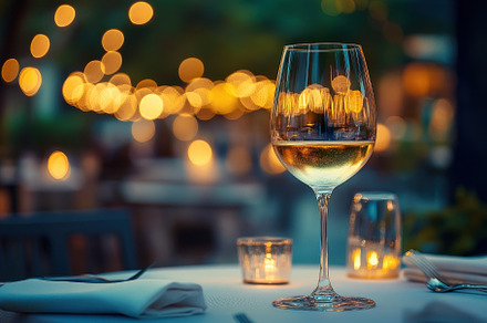 White wine sparkles in golden glow, a Photo by Pavel_design