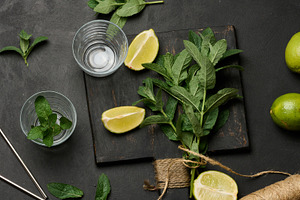 Bunch of fresh green mint on wooden board and lime wedges, glass, a Food & Drink Photo by ndanko