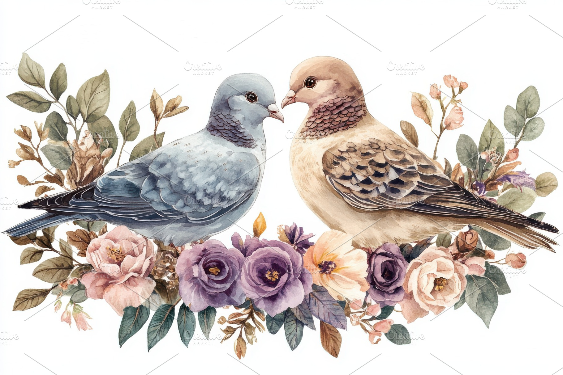 Two doves nestled in floral watercol, a Photo by Pixeness Studio