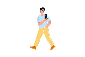 Young man walking and using, a Technology Illustration by pikepicture