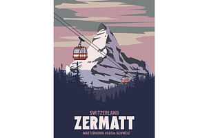 Zermatt Ski resort poster, retro, an Illustration by Vector_Up