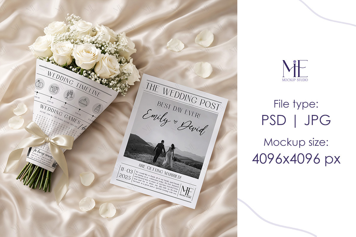 Wedding Newspaper Mockup with Bouque, a Mockup by Mie Mockup Studio (Photo 6 of 8)