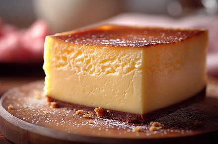 A slice of creamy caramel flan on a wooden board, showcasing its, a Food & Drink Photo by ImageMir