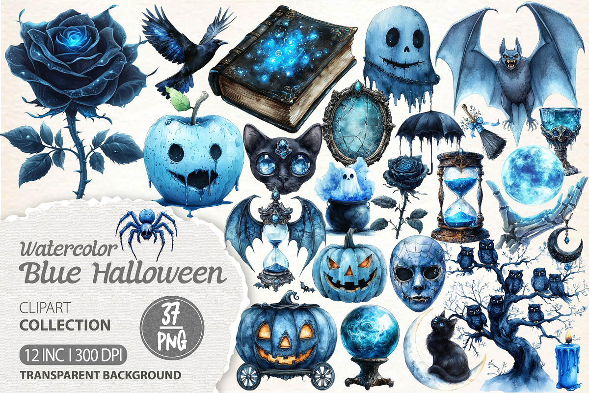 Blue Halloween Watercolor Clipart, an Illustration by Dream Creation (Photo 1 of 7)