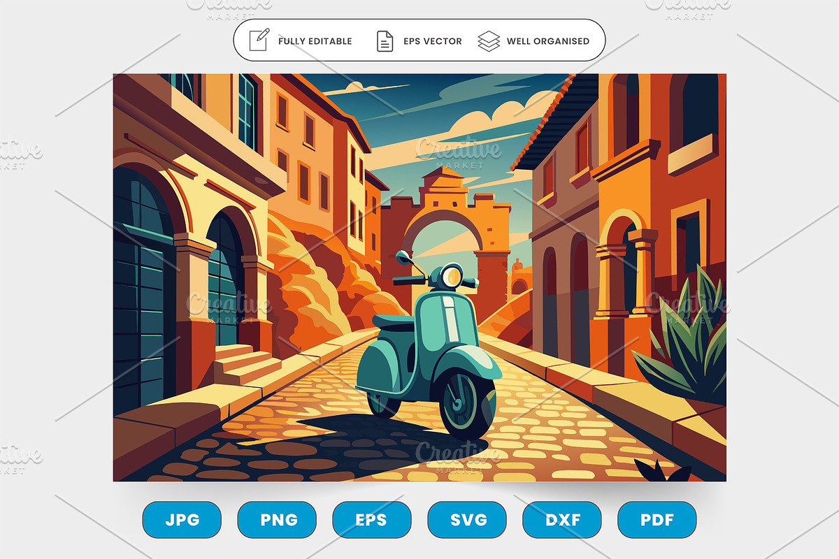 A vintage Vespa scooter zipping thro, a Graphic by SaroStock