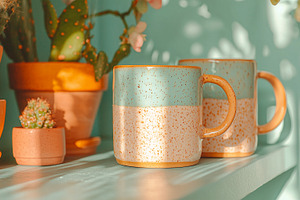 A pair of beige  ceramic coffee mugs, an Abstract Photo by Imaginarium