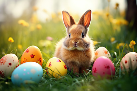 Beautiful bunny with colorful easter eggs on green grass, a Holiday Photo by AlyaAnd