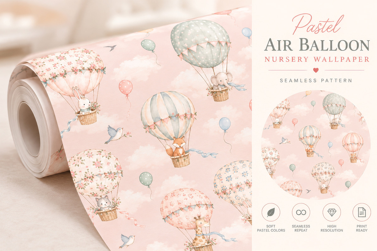 Pastel Air Balloon Nursery Wallpaper, a Wallpaper Graphic by by creative paper (Photo 3 of 14)