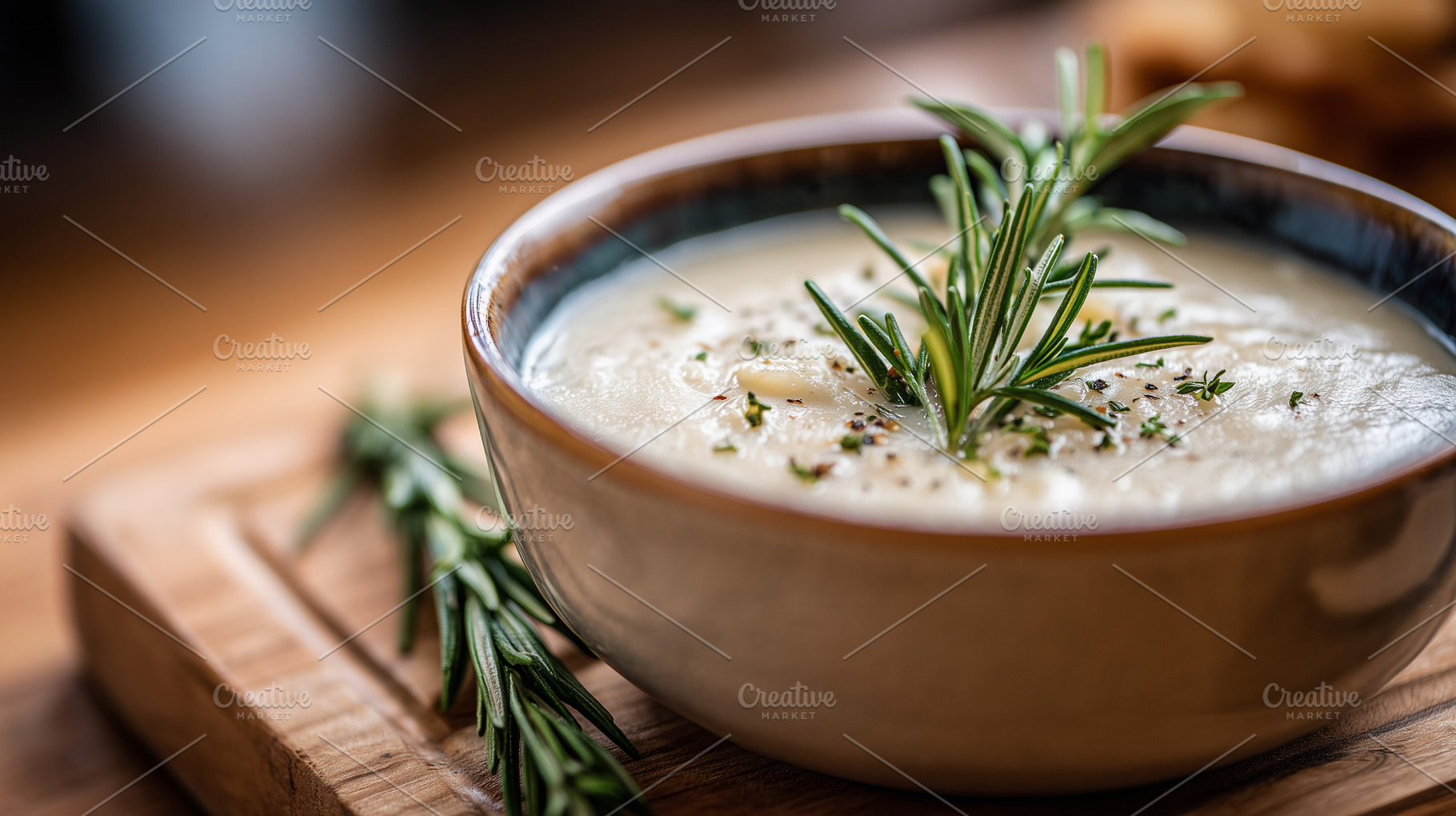 Creamy white bean soup garnished, a Food & Drink Photo by MistyDay