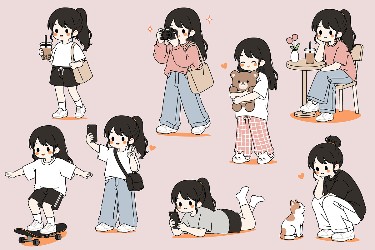 Girl Daily Activities Set Cartoon 2, a Person Illustration by Artpon Illustration (Photo 2 of 3)