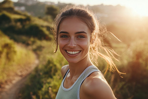 Woman smiles while trail running, a Photo by Pavel_design