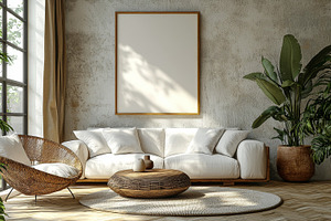 Elegant living room with natural decor, cozy furniture, and green plants, a Photo by AS photostudio
