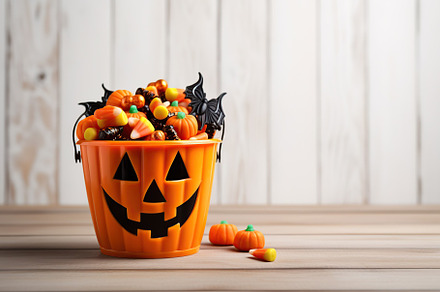 Halloween candies in bucket on wooden background, a Holiday Photo by AlyaAnd