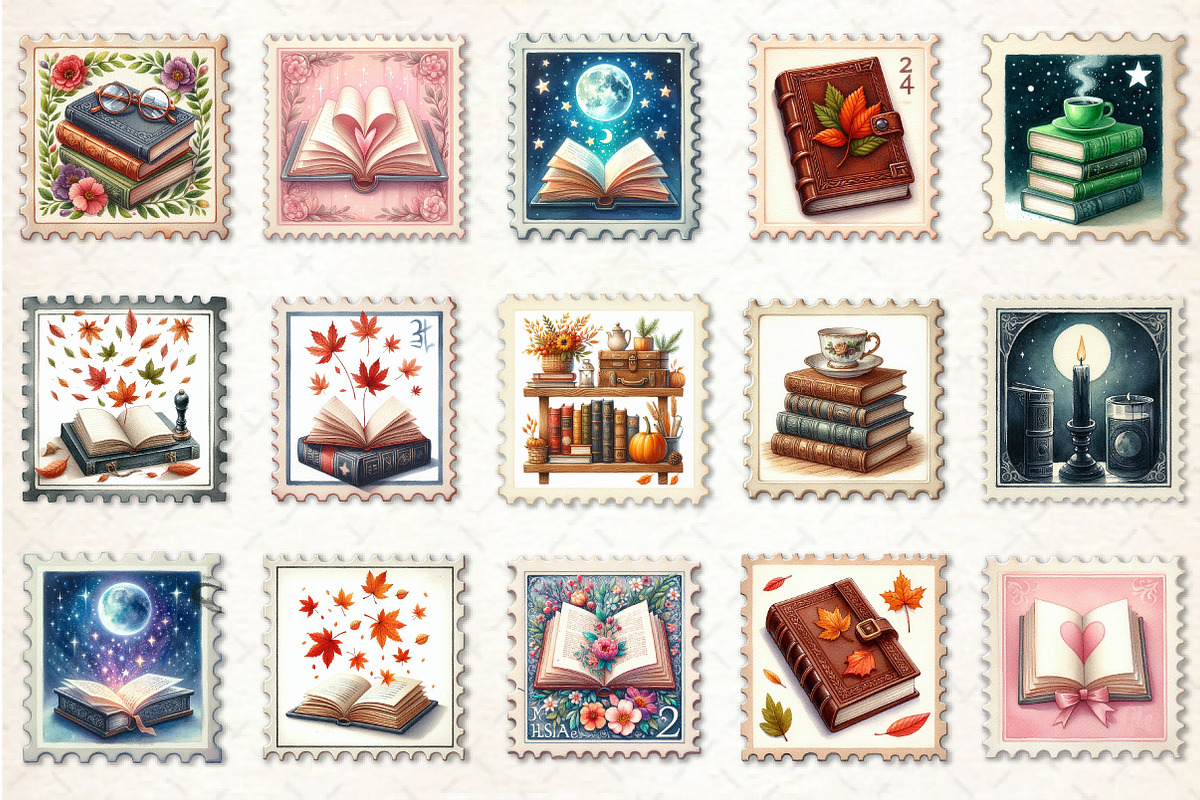 Reading Books Postage Stamp Clipart, an Illustration by Rose Art (Photo 2 of 4)