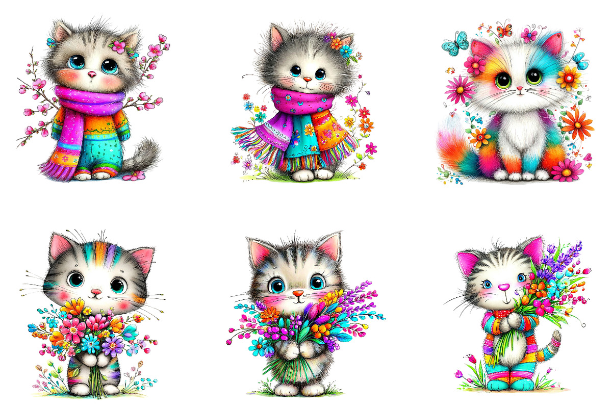 Whimsical Spring Cats Clipart, an Illustration by CreationArt (Photo 3 of 7)