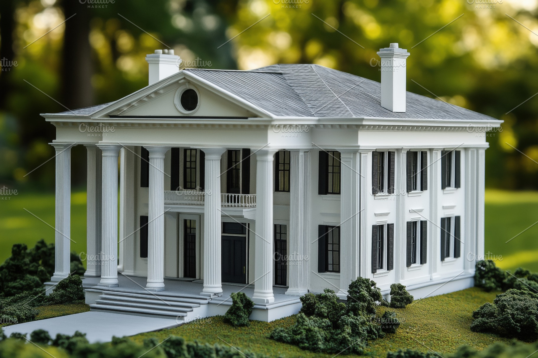 A Greek Revival house style detailed model of a classic white mansion ...