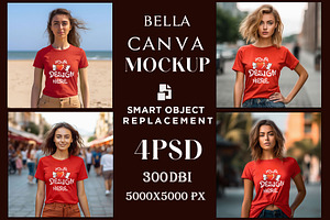 4 Red T-shirt Fashion Model Mockup